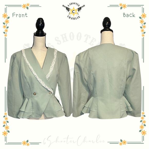 Vintage Reina Seafoam Green Size 12P Fitted Peplum Ruffle Blazer Lace 2 Button - Picture 1 of 6